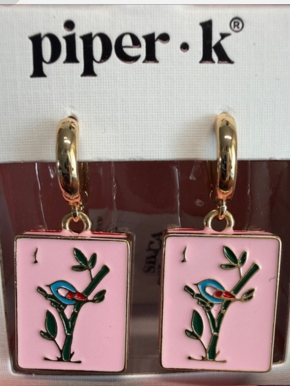Piper K Mahjong Tile Pink Enamel Bird & Branch Drop Earrings Bnib Te